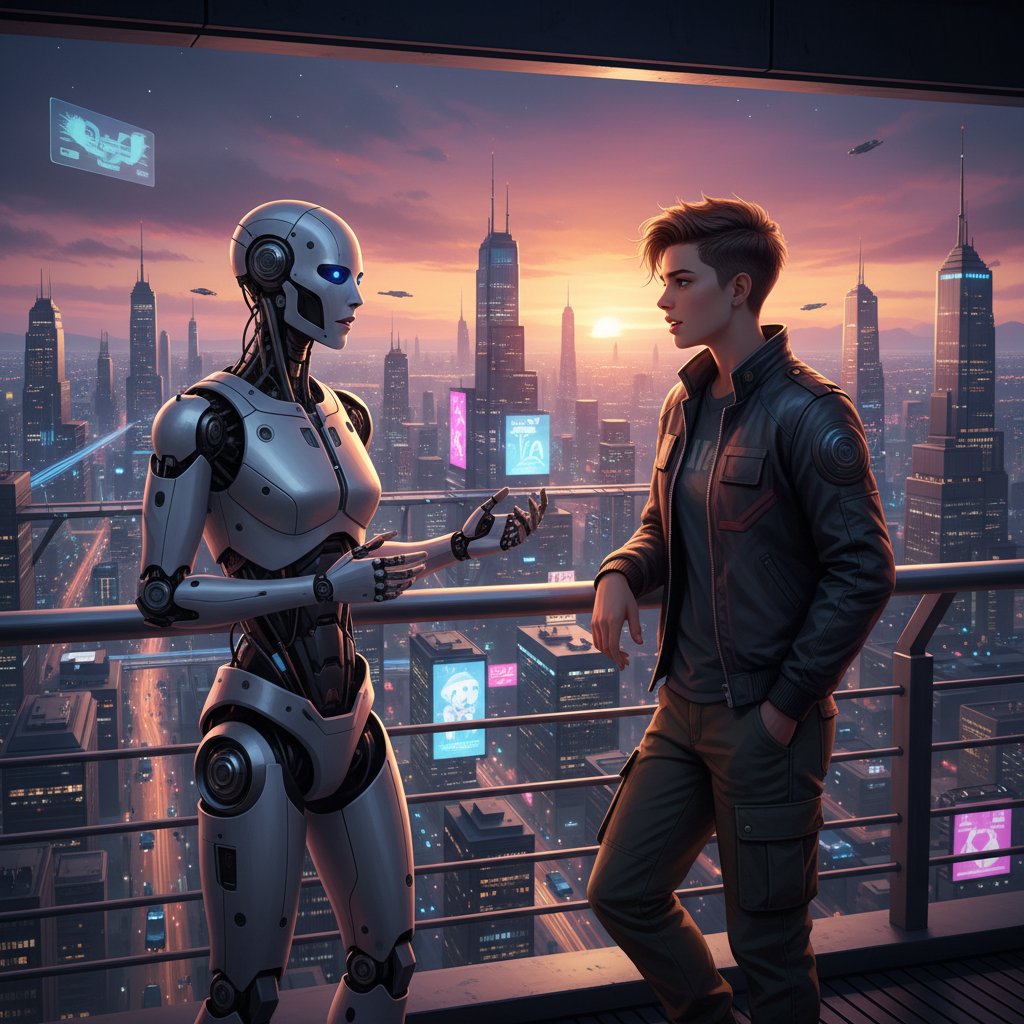 Młody człowiek rozmawiający z bezosobowym robotem na tle szarego miasta, ilustrując problem martwej konwersacji w chatbotach