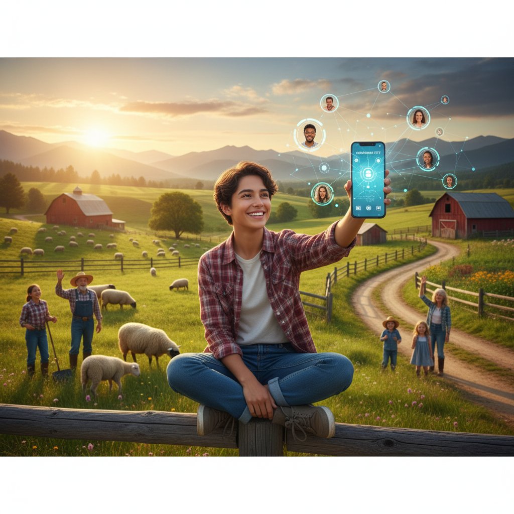 Młoda osoba korzystająca z portalu społecznościowego w wiejskim otoczeniu, portale społecznościowe dla samotnych