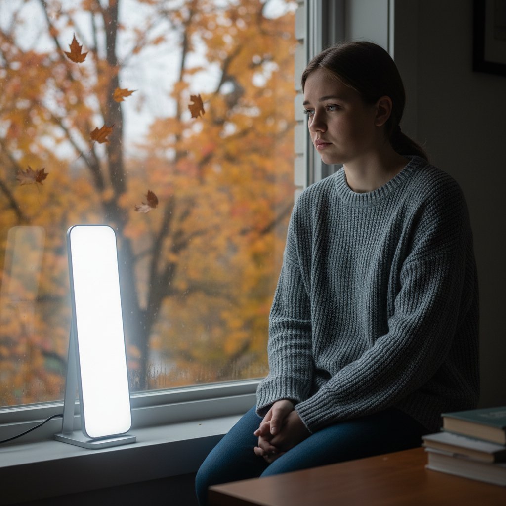 Młoda osoba siedzi samotnie przy oknie w jesienny dzień, lampa antydepresyjna świeci jasnym światłem