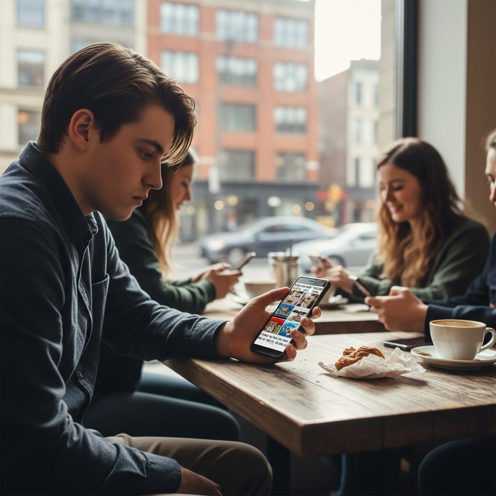 Młoda osoba przewijająca znudzenie memy na smartfonie, wyraz znużenia na twarzy, miejska kawiarnia
