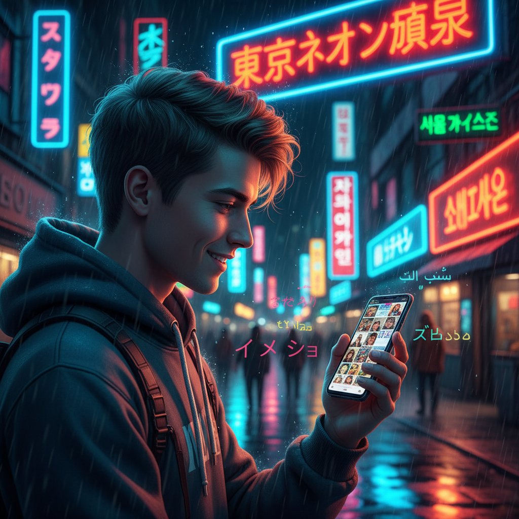 Młoda osoba wśród obcych znaków i memów, szok kulturowy, social media