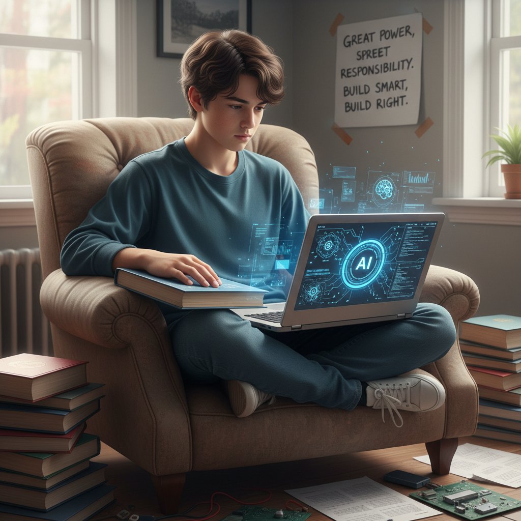 Zdjęcie młodej osoby podczas samodzielnej nauki o AI na laptopie – symbol indywidualnej odpowiedzialności w erze AI