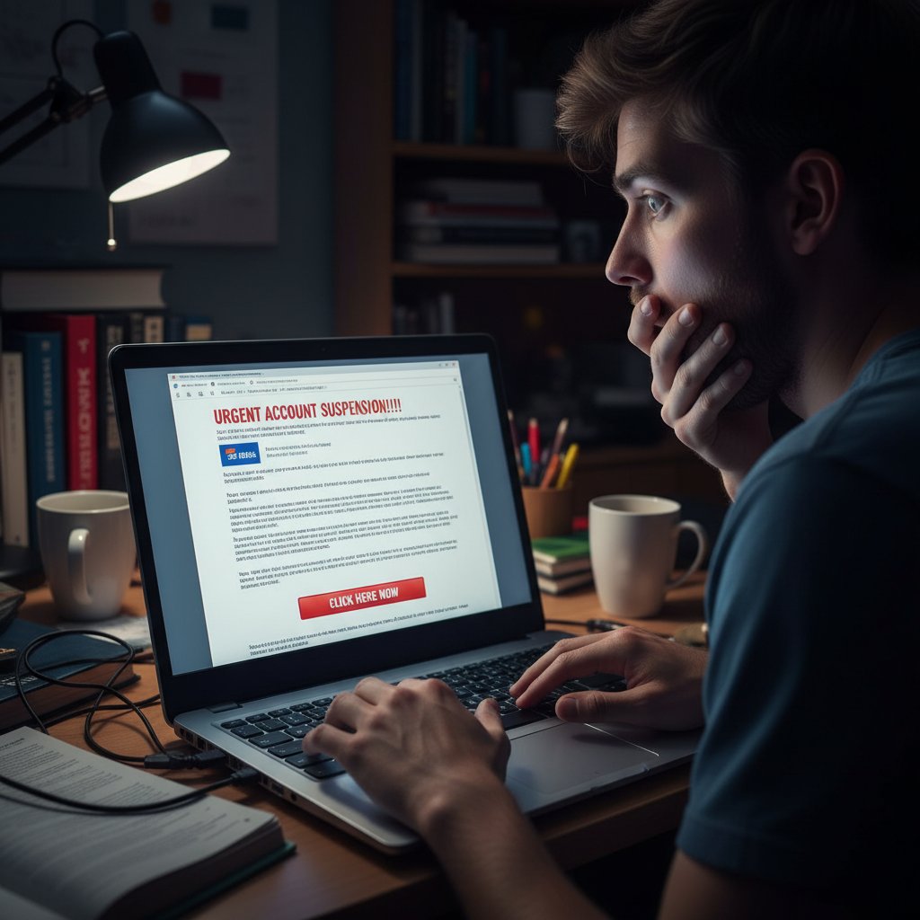 Młoda osoba przerażona po otrzymaniu podejrzanego maila dotyczącego rejestracji konta