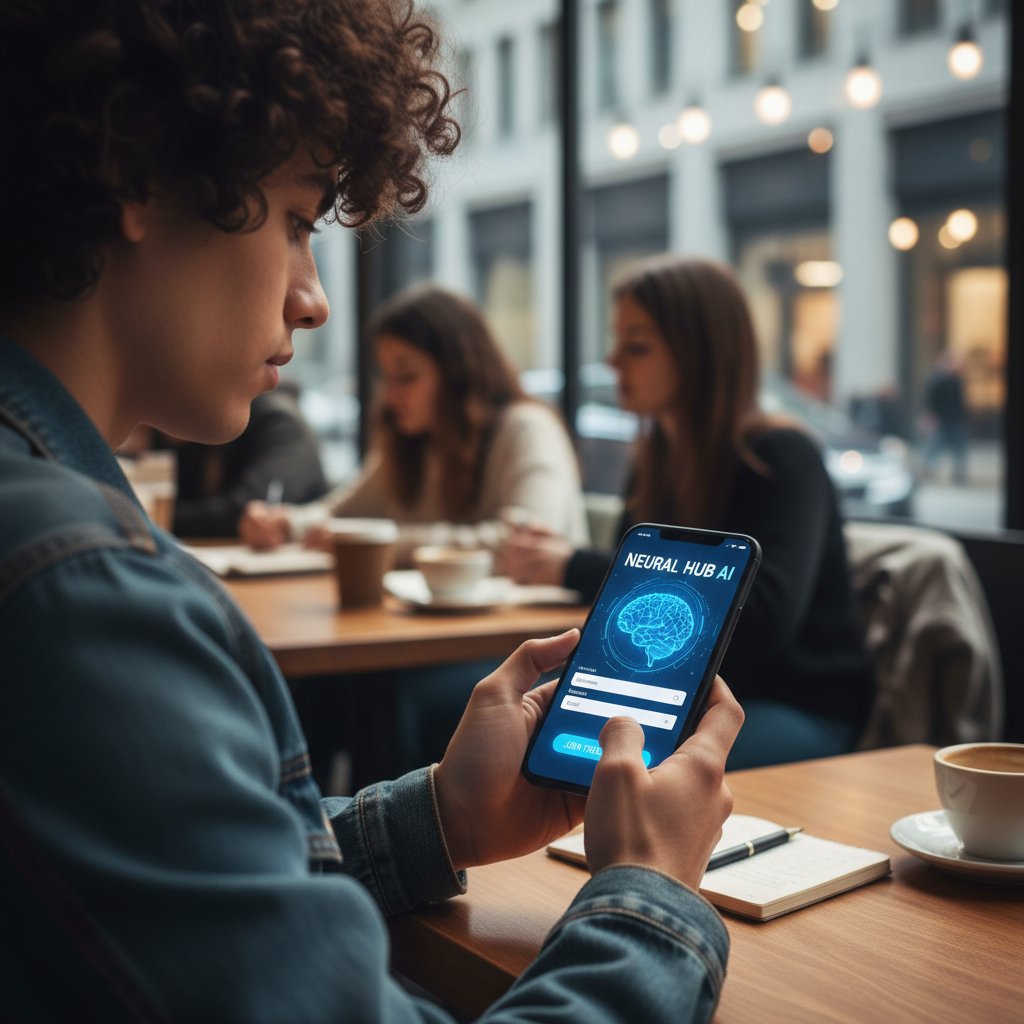 Młoda osoba rejestrująca się do aplikacji AI na smartfonie, atmosfera swobody