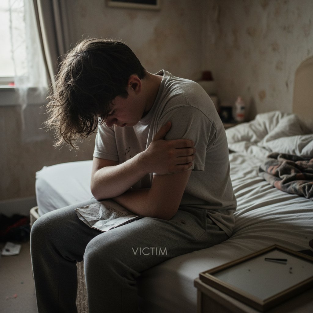 Młoda osoba siedząca na łóżku, głowa w dłoniach, symbolizująca wstyd i wyparcie po przestępstwie