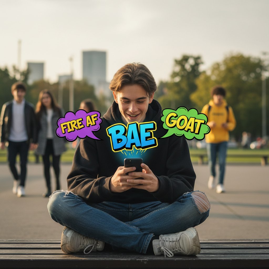 Ilustracyjne zdjęcie młodej osoby rozmawiającej przez smartfona, dymki z wyrażeniami slangowymi unosią się w powietrzu