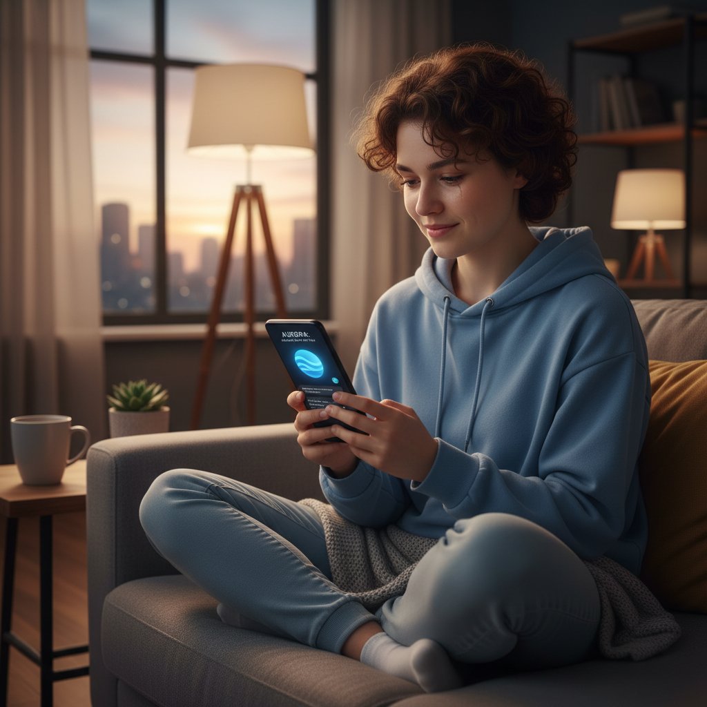 Młoda osoba siedząca samotnie w pokoju, rozmawiająca przez smartfona z AI asystentem, atmosfera wsparcia i spokoju