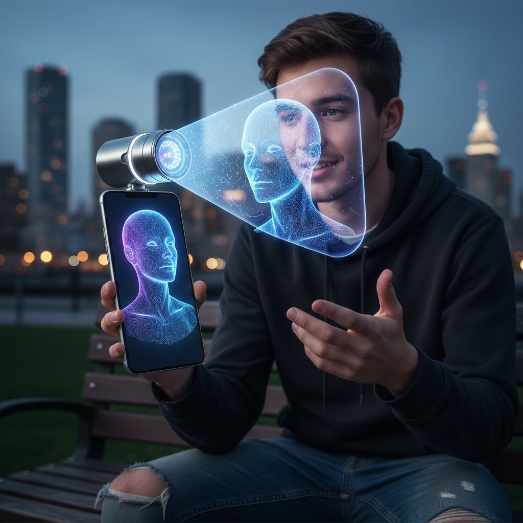 Nowoczesna figura przywiązania – młody człowiek z telefonem, z awatarem AI wyświetlonym na ekranie