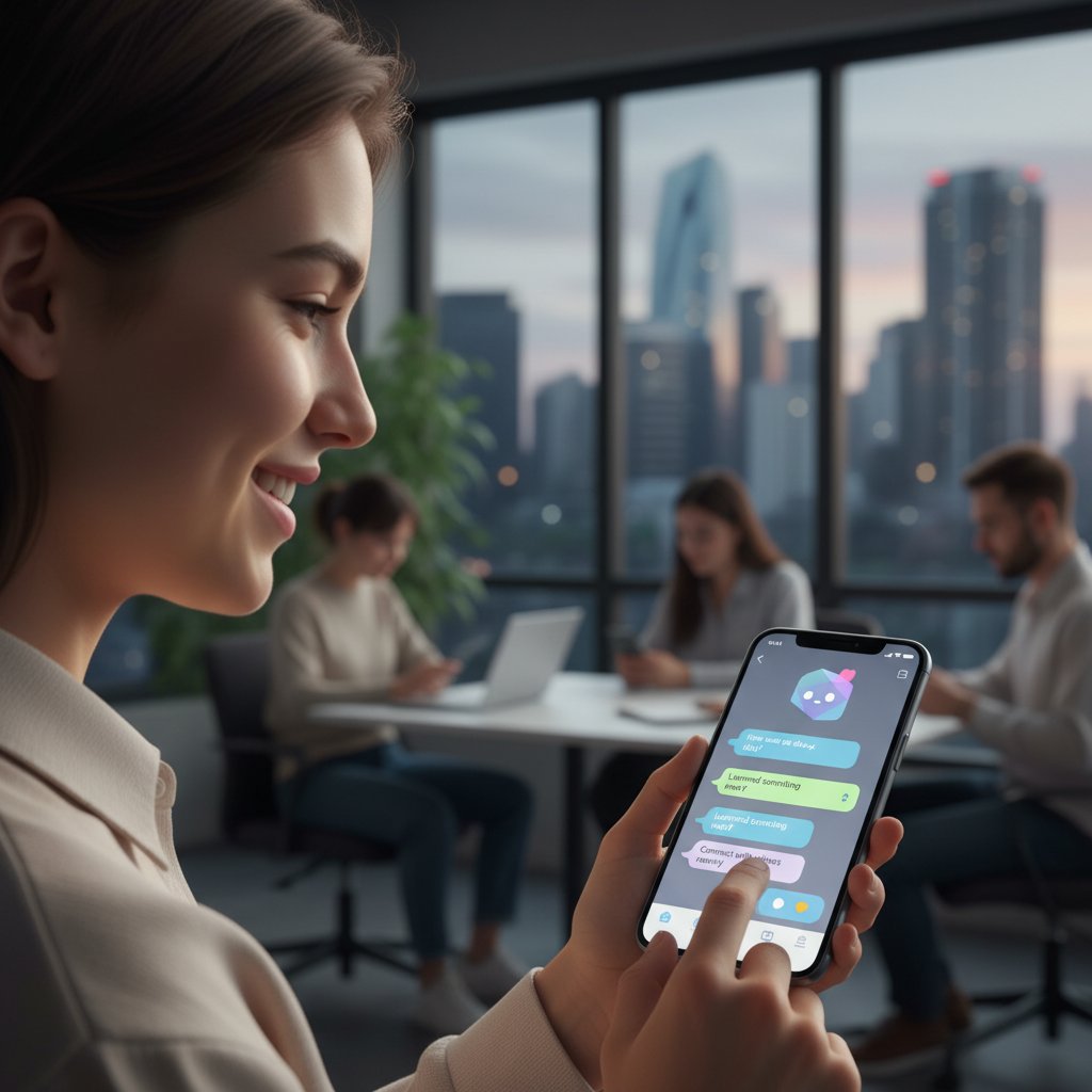 Młoda osoba rozmawiająca z AI na smartfonie, przyjazny interfejs, atmosfera wsparcia, nowoczesne rozwiązania samotności