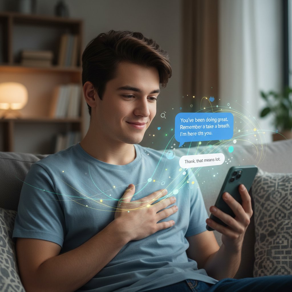 Młoda osoba rozmawiająca przez smartfon z botem AI, widoczny uśmiech ulgi, ekran wyświetla wiadomość wsparcia