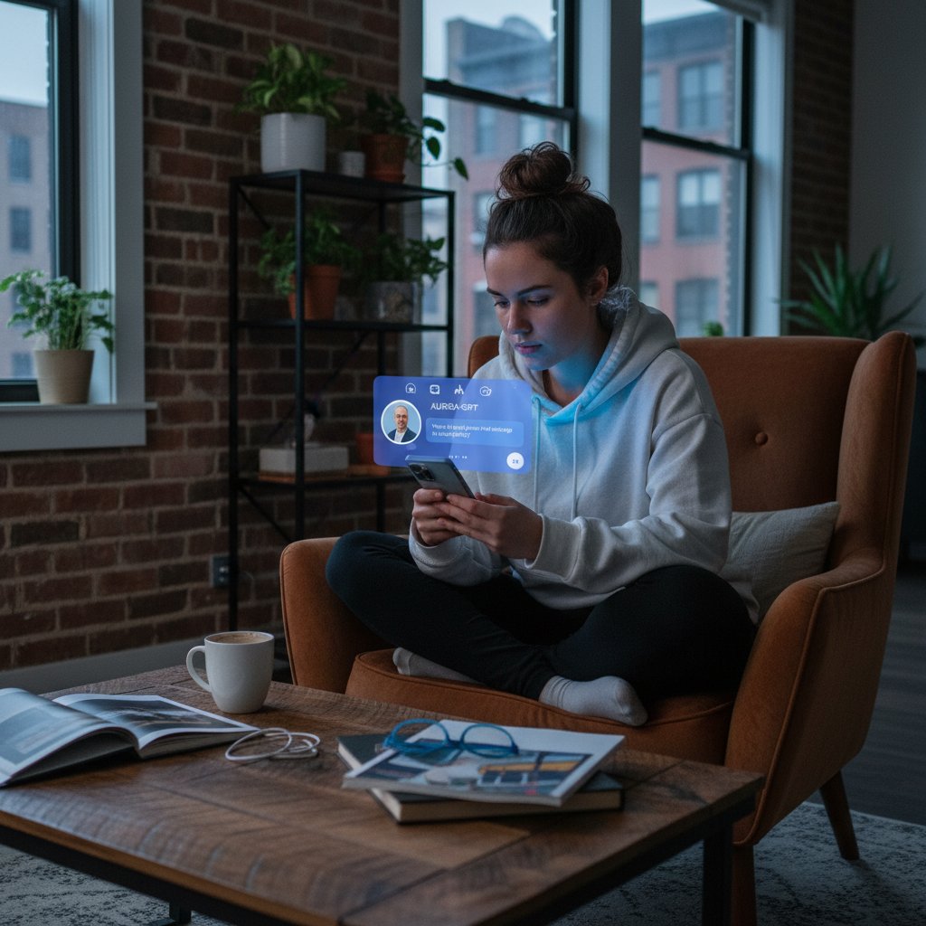 Junge Person blickt nachdenklich auf ein Smartphone im Halbdunkel, das eine freundliche KI-Chatbot-Avatarin anzeigt.