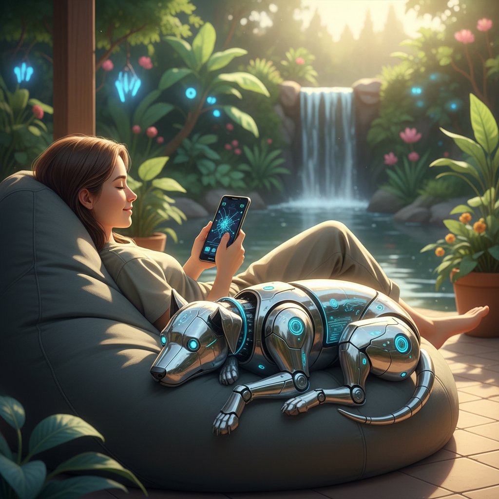 Młoda osoba rozmawiająca z cyfrowym psem AI na smartfonie, atmosfera relaksu