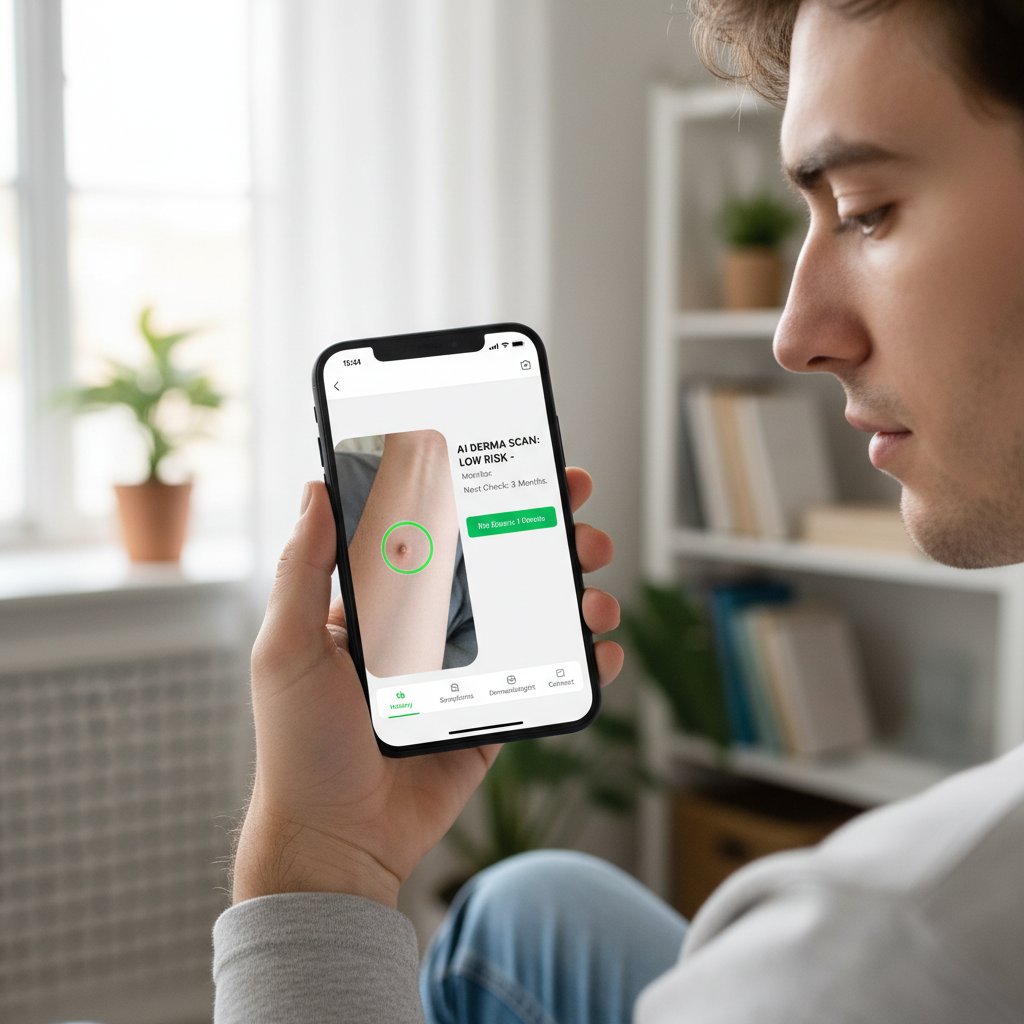 Młoda osoba przegląda porady zdrowotne na smartfonie – wsparcie AI w dermatologii