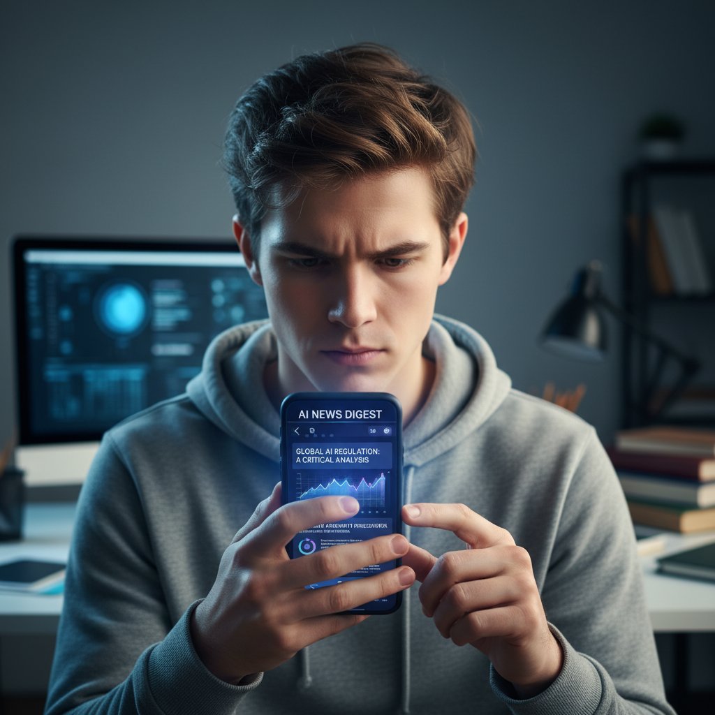 Młoda osoba czytająca wiadomości AI na smartfonie, skupiona na analizie szczegółów tekstu