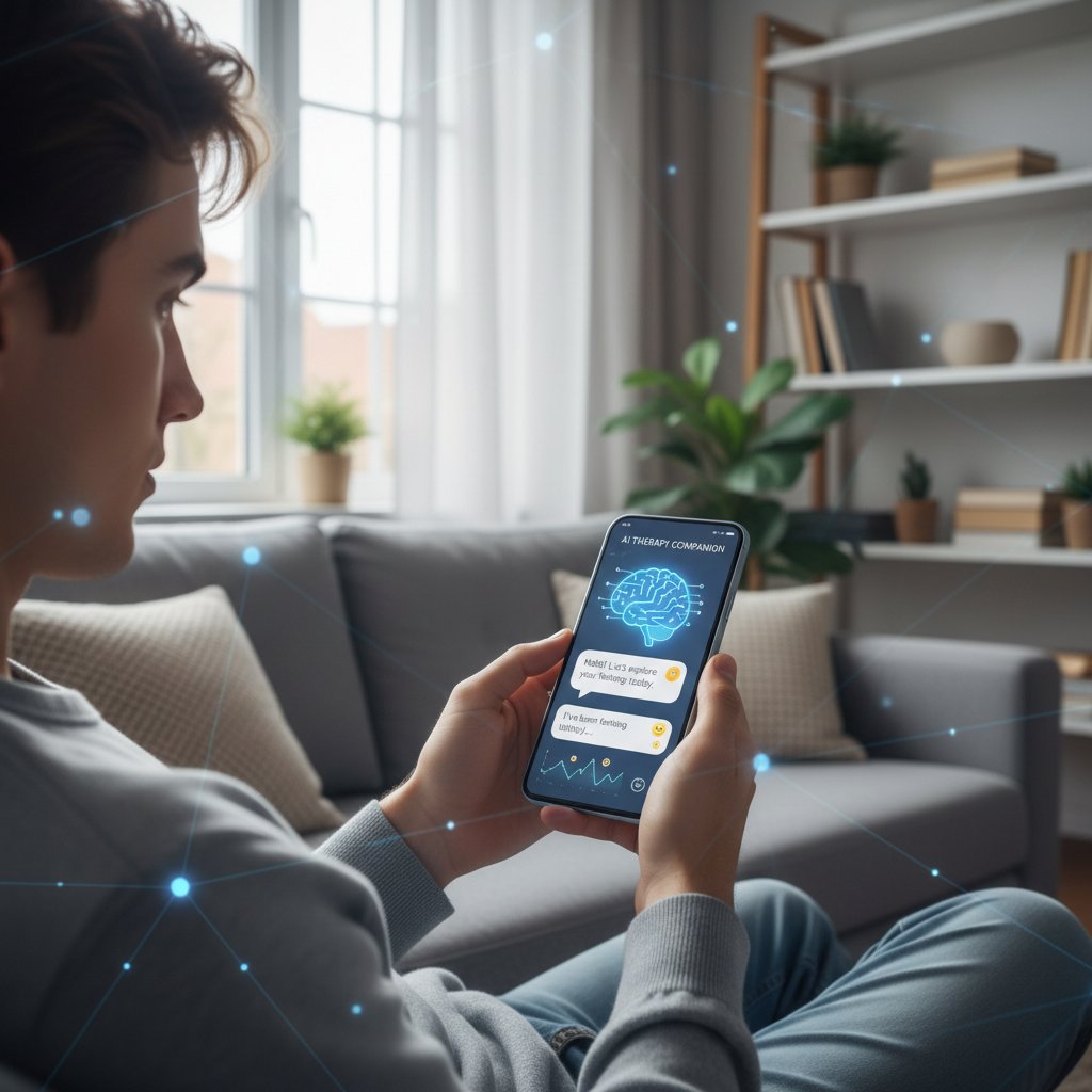 Młoda osoba korzystająca z aplikacji na smartfonie, symbolizująca nowoczesne podejścia do wsparcia psychologicznego