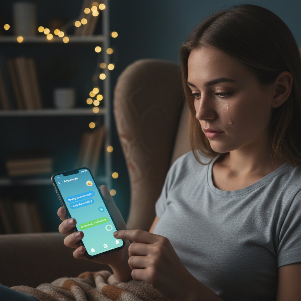 Młoda osoba rozmawiająca ze smartfonem, ekran z chatbotem, atmosfera intymności i wsparcia