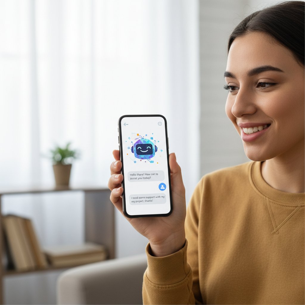 Młoda osoba rozmawiająca z chatbotem na smartfonie, przyjazna atmosfera, wsparcie AI