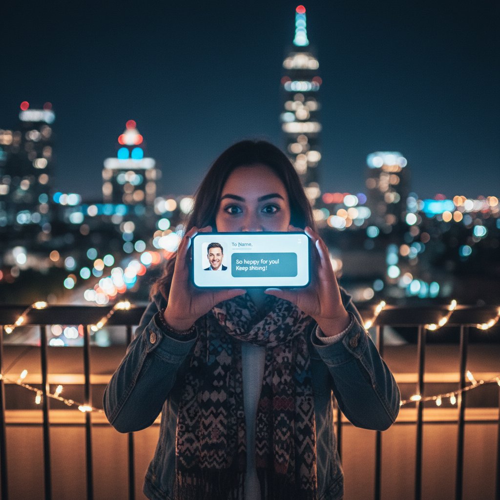 Młoda osoba trzymająca telefon z wyświetloną wiadomością do celebryty, nocne światło miasta w tle, motyw cyfrowej bliskości