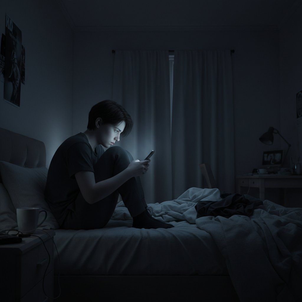 Junger Mensch mit Smartphone in abgedunkeltem Raum, symbolisch für digitale Einsamkeit und Sehnsucht nach Verbindung, virtuell Freundin Bewertung