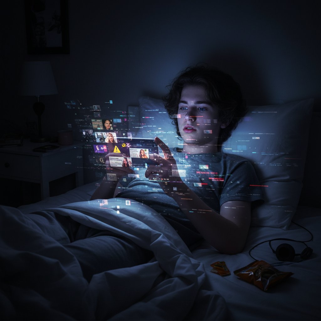 Młoda osoba przeglądająca internet na smartfonie w ciemnym pokoju, światło ekranu odbija się na twarzy – wpływ mediów na postrzeganie choroby