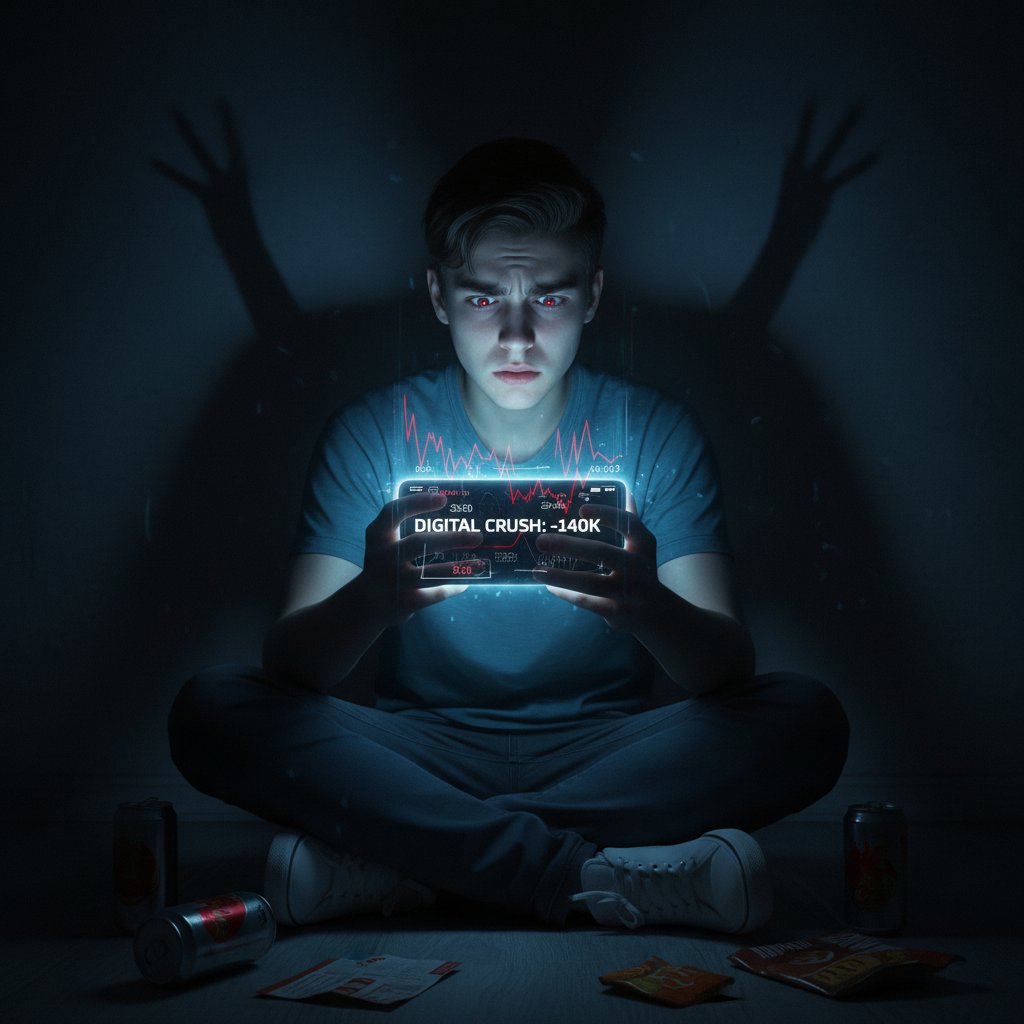 Młoda osoba patrząca na telefon w ciemnym pokoju, otoczona światłami ekranów, symbolizuje natychmiastowe porady życiowe i presję cyfrową