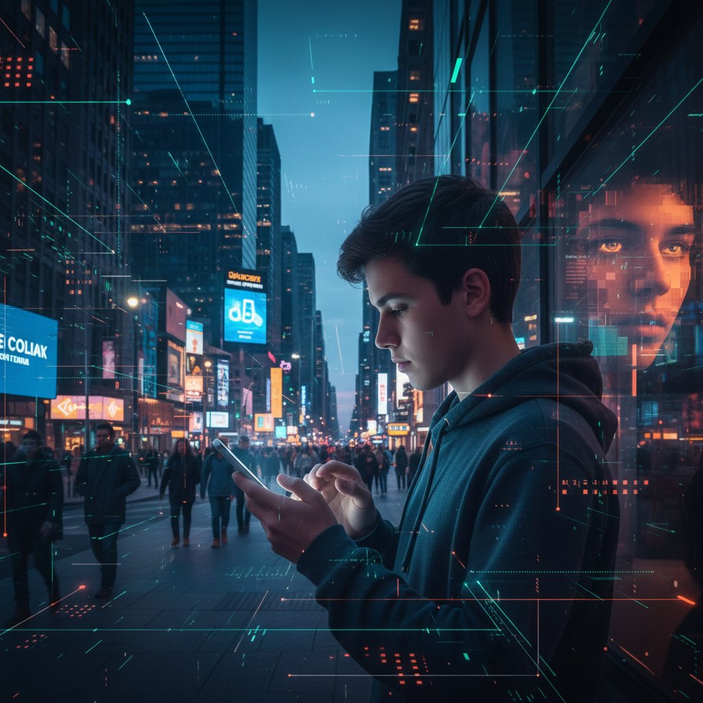 Młoda osoba wpatruje się w ekran smartfona, podczas gdy wokół niej unoszą się wizualizacje cyfrowych poleceń i algorytmów