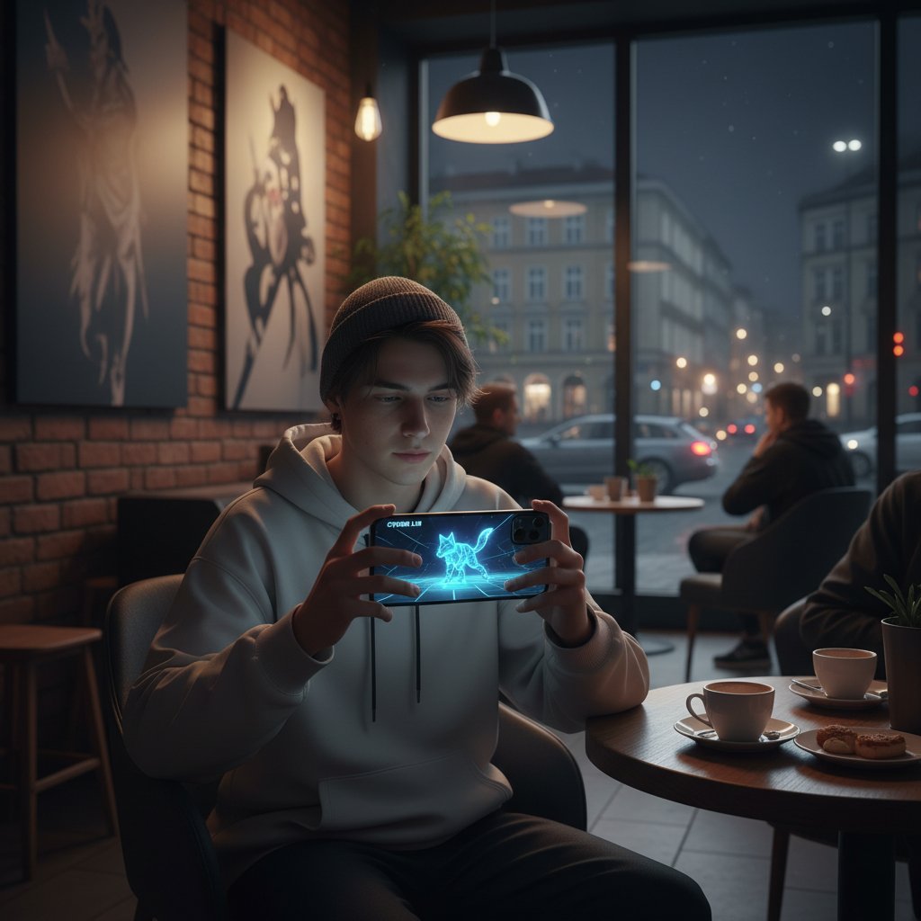 Młoda osoba w polskim mieszkaniu nocą, rozmawiająca z cyfrowym awatarem na smartfonie – obrazek oddający temat zawsze dostępnego kumpla online