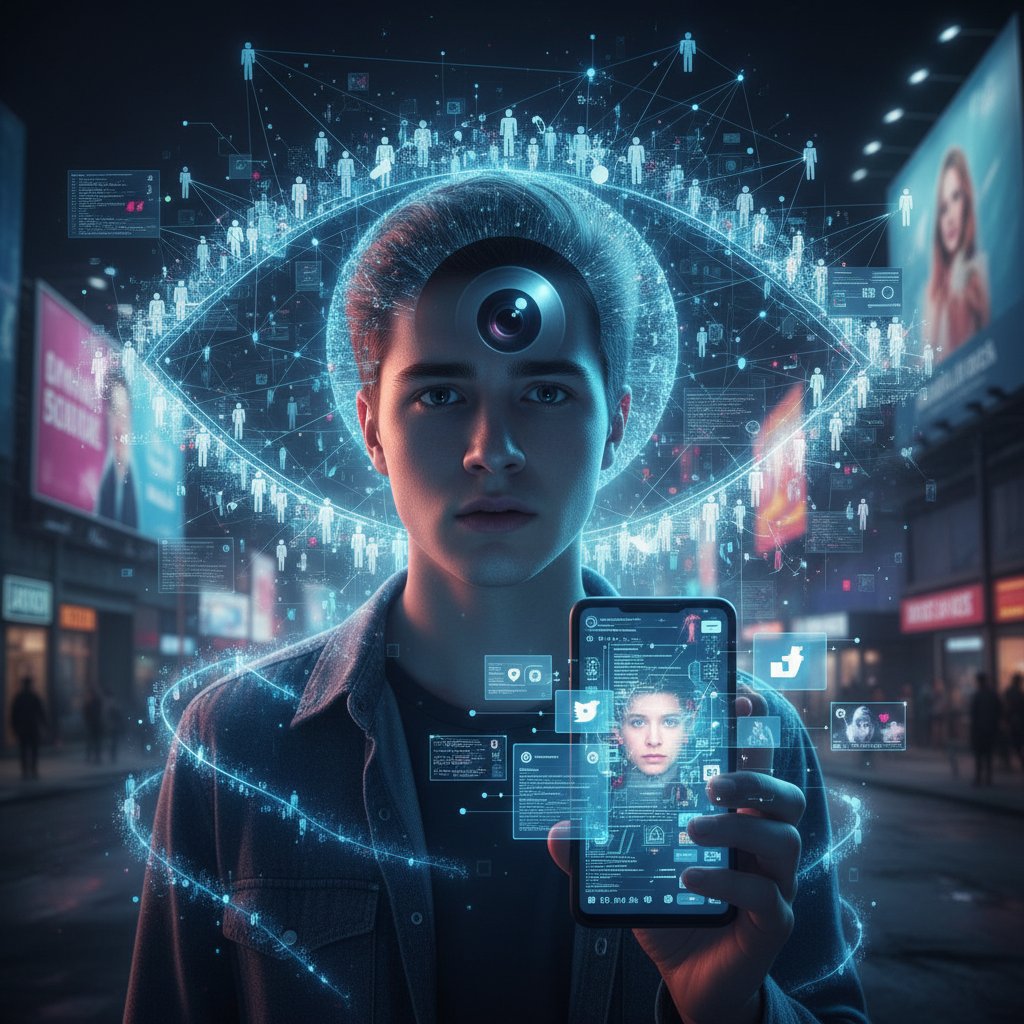 Młoda osoba zamyślona przy smartfonie, otoczona cyfrowymi symbolami monitoringu