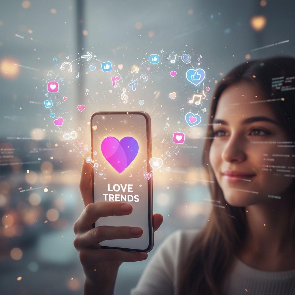 Junge Person mit Smartphone, im Hintergrund digitale Symbole und Herz, Trend zur Verschmelzung von Technik und Romantik