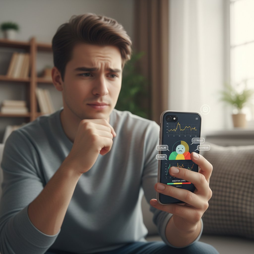 Młoda osoba korzystająca ze smartfona do monitorowania emocji, na ekranie widoczne kolorowe emotikony i wykresy nastroju