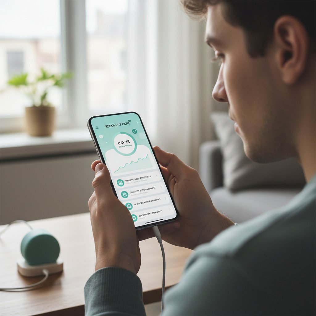 Młoda osoba korzystająca z aplikacji zdrowotnej na smartfonie, nowoczesna technologia i wsparcie w terapii uzależnień
