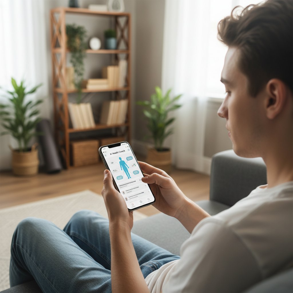 Zdjęcie młodego użytkownika smartfona korzystającego z aplikacji zdrowotnej w domu – słowa kluczowe: samodiagnoza, wsparcie AI, aplikacja zdrowie, użytkownik