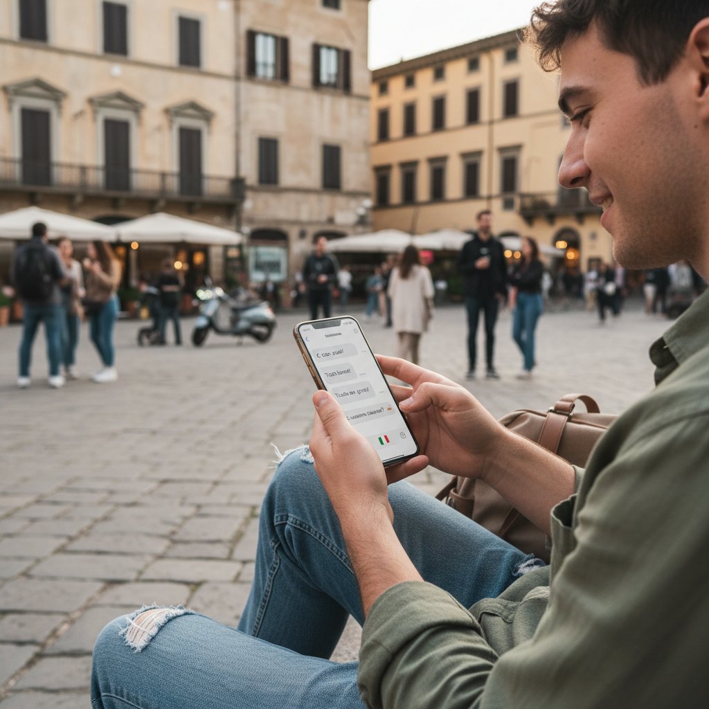 Młoda osoba korzystająca z aplikacji do nauki włoskiego na smartfonie, w tle włoskie akcenty