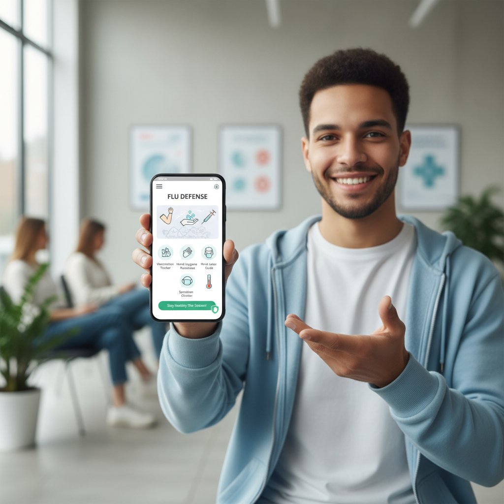 Młoda osoba korzystająca z telefonu, na ekranie aplikacja medyczna, powiadomienia o profilaktyce grypy