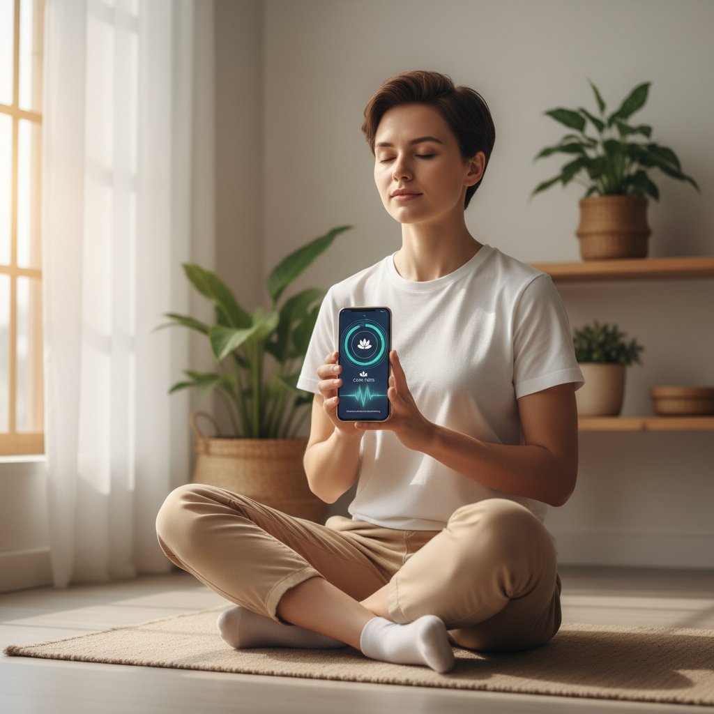 Młoda osoba korzystająca z aplikacji mindfulness na smartfonie – nowoczesne narzędzia wsparcia