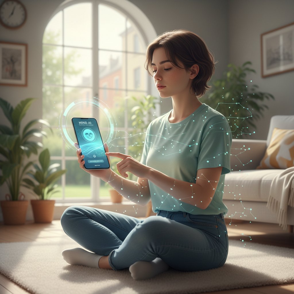 Młoda osoba korzystająca z aplikacji mindfulness na smartfonie, motyw wsparcia AI a trans dysocjacyjny