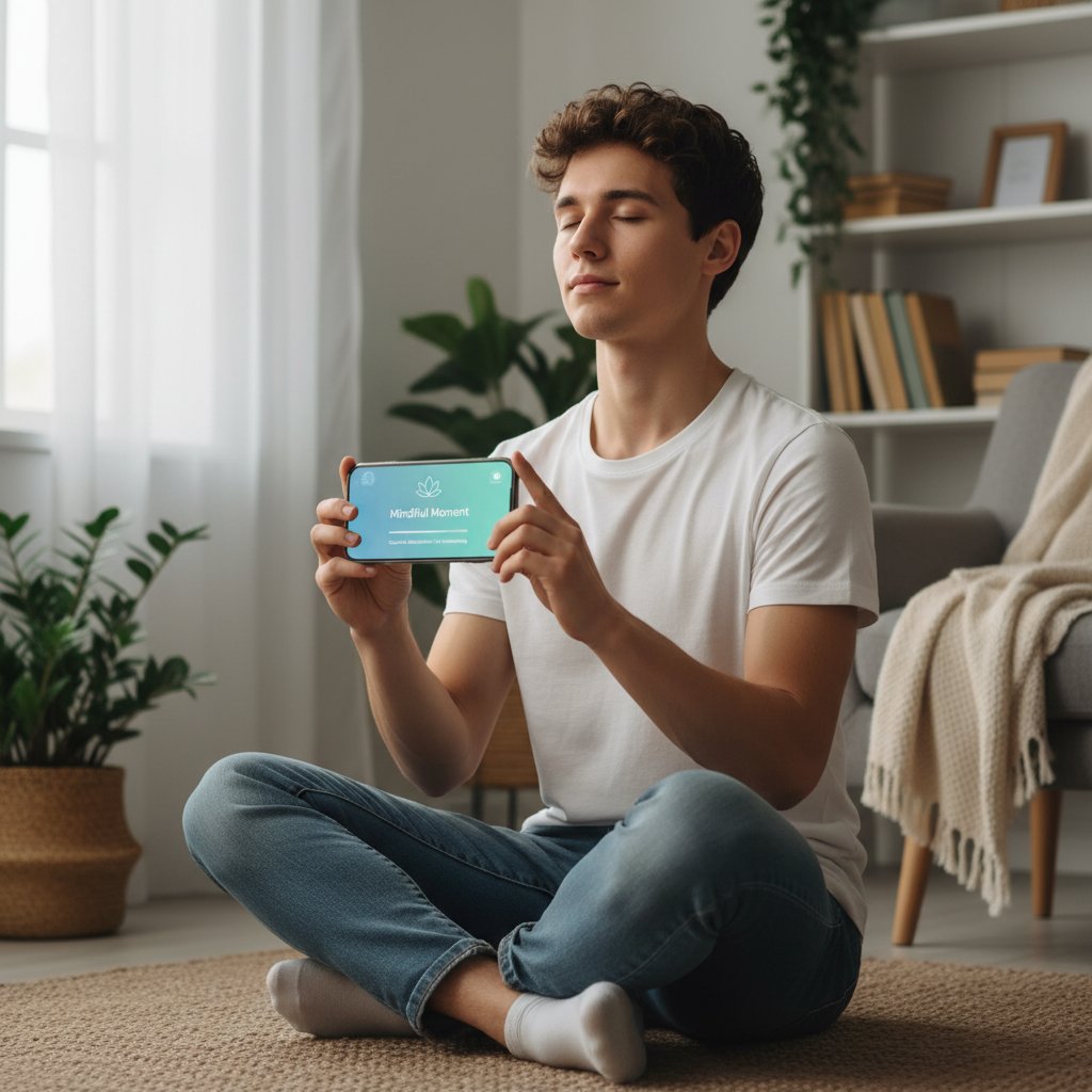 Młoda osoba korzystająca z aplikacji mindfulness na smartfonie, atmosfera spokoju i skupienia