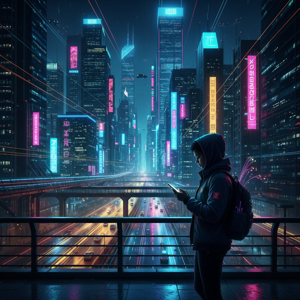 Młoda osoba wpatrzona w ekran telefonu na tle neonowego miasta, symbolizująca wpływ social mediów na pustkę