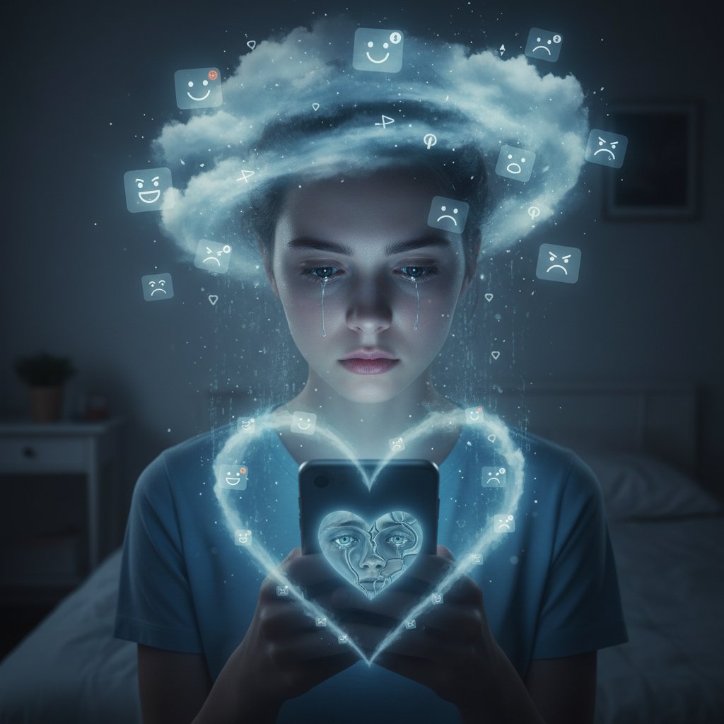 Młoda osoba patrząca w ekran smartfona, otoczona przez powiadomienia i emotikony – iluzja wsparcia w internecie