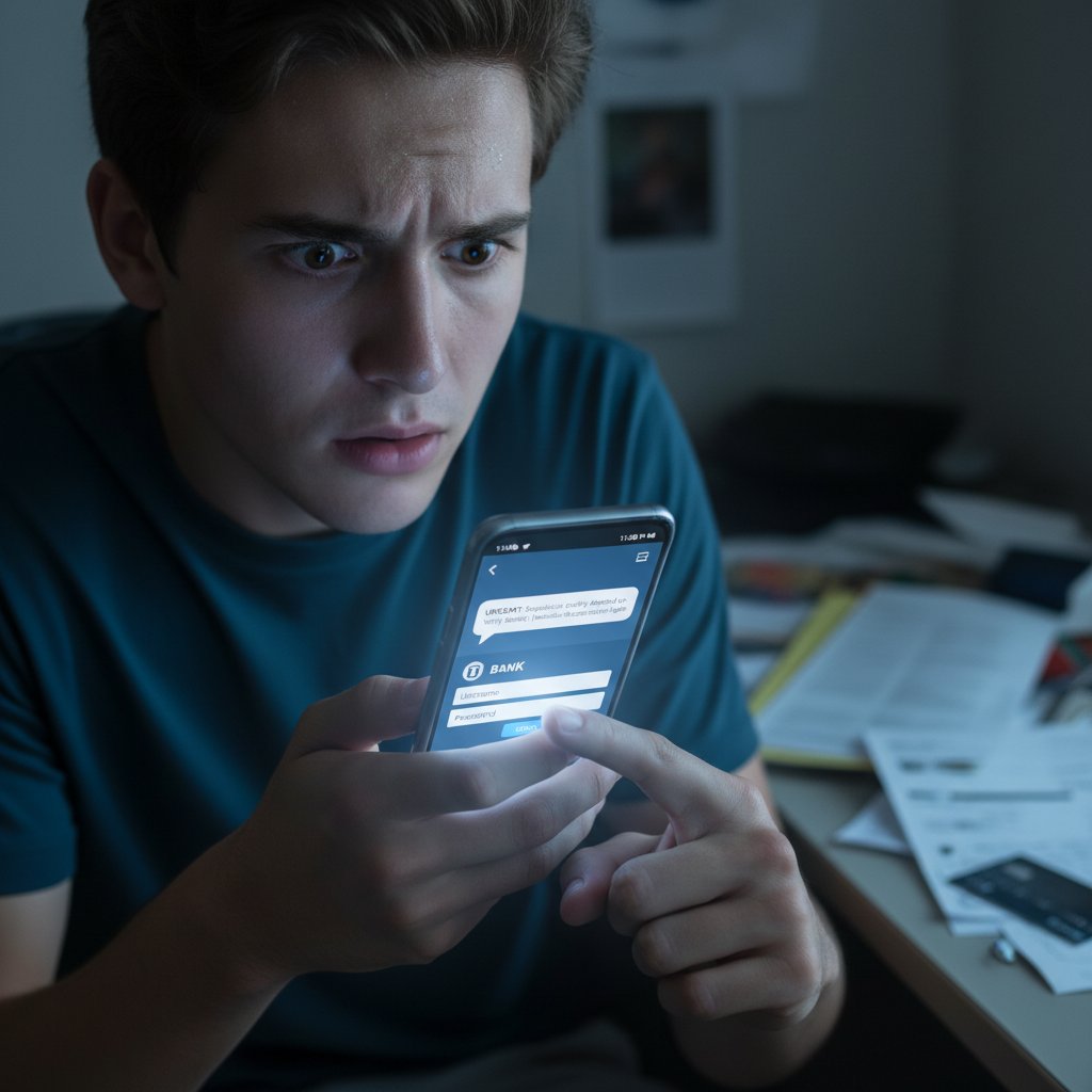 Młoda osoba otrzymuje podejrzaną wiadomość SMS na smartfonie, wyraźne napięcie na twarzy