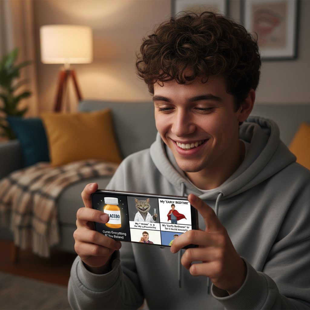 Młody człowiek oglądający memy o placebo na smartfonie – popkulturowa perspektywa placebo