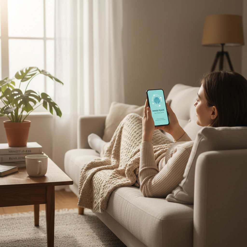 Junger Mensch nutzt Smartphone-App für Selbsthilfe bei emotionalen Problemen, entspannte Atmosphäre