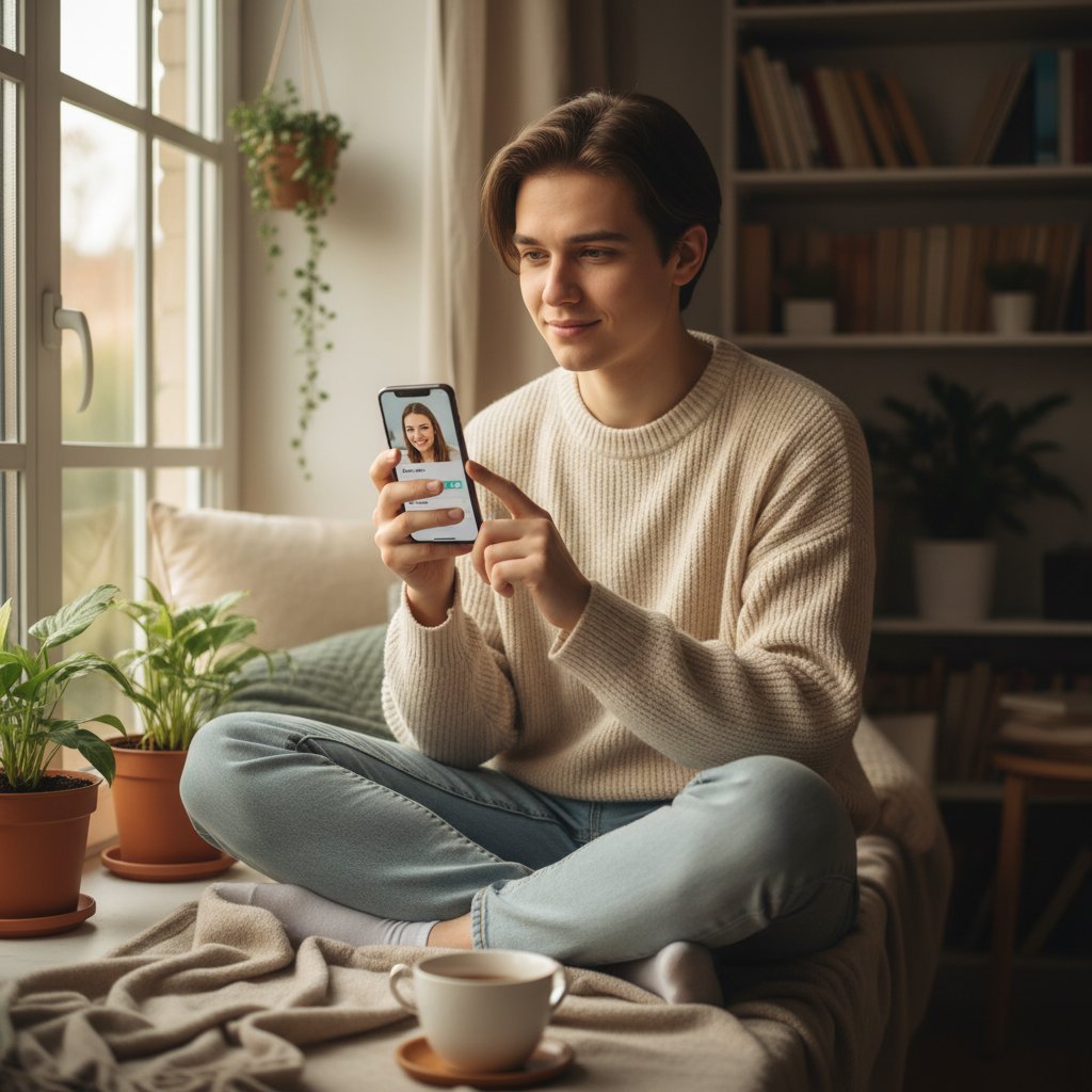 Junge Person konfiguriert ihr Profil auf dem Smartphone, entspannte und neugierige Atmosphäre
