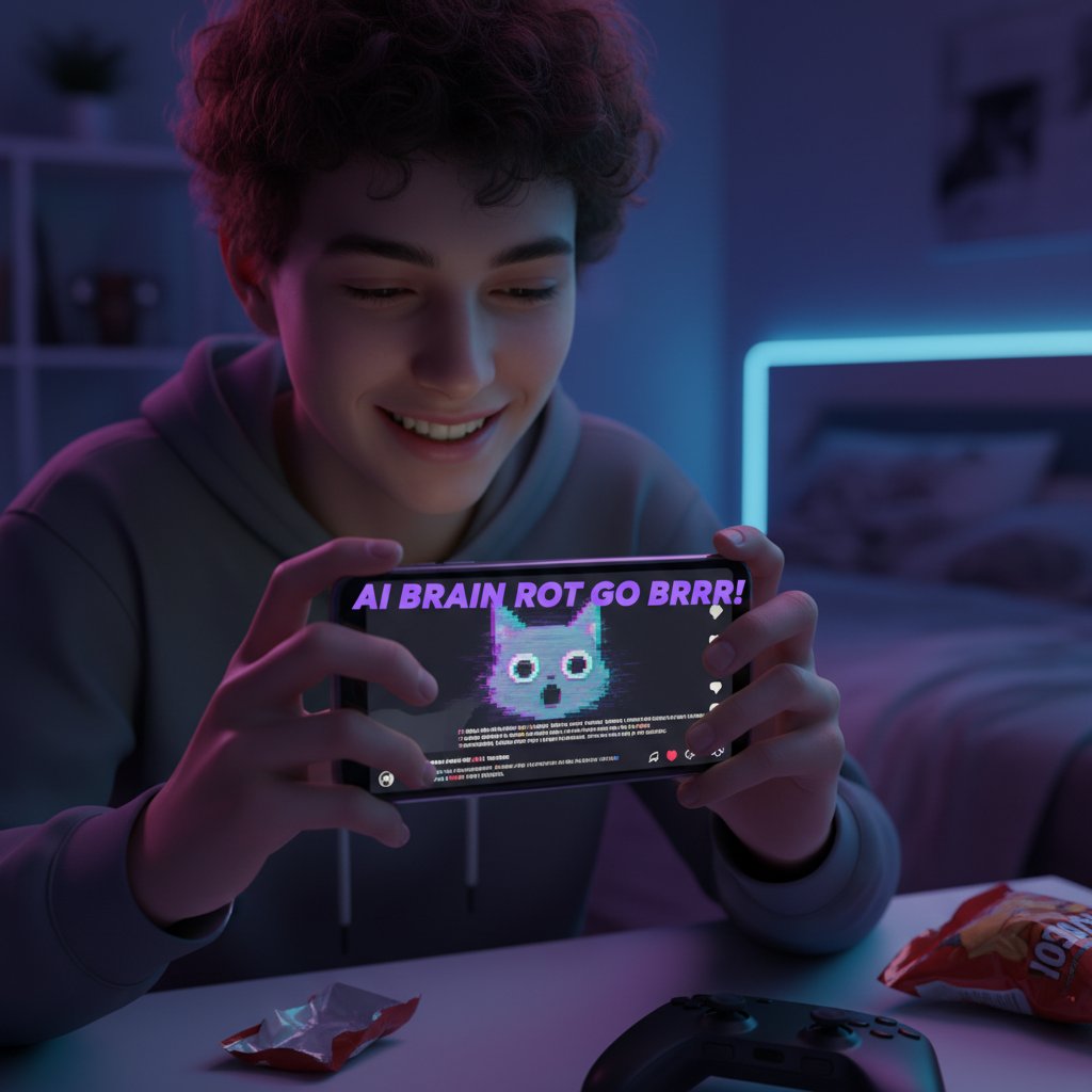 Młoda osoba z telefonem, przegląda krótkie wideo i generuje własne memy AI