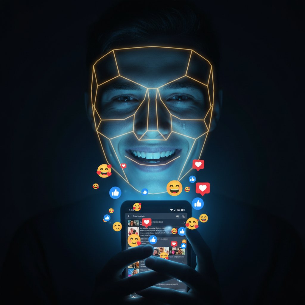 Młoda osoba wpatrzona w ekran smartfona, szeroki uśmiech, za plecami ciemność – obraz ilustrujący maskowanie emocji w social media