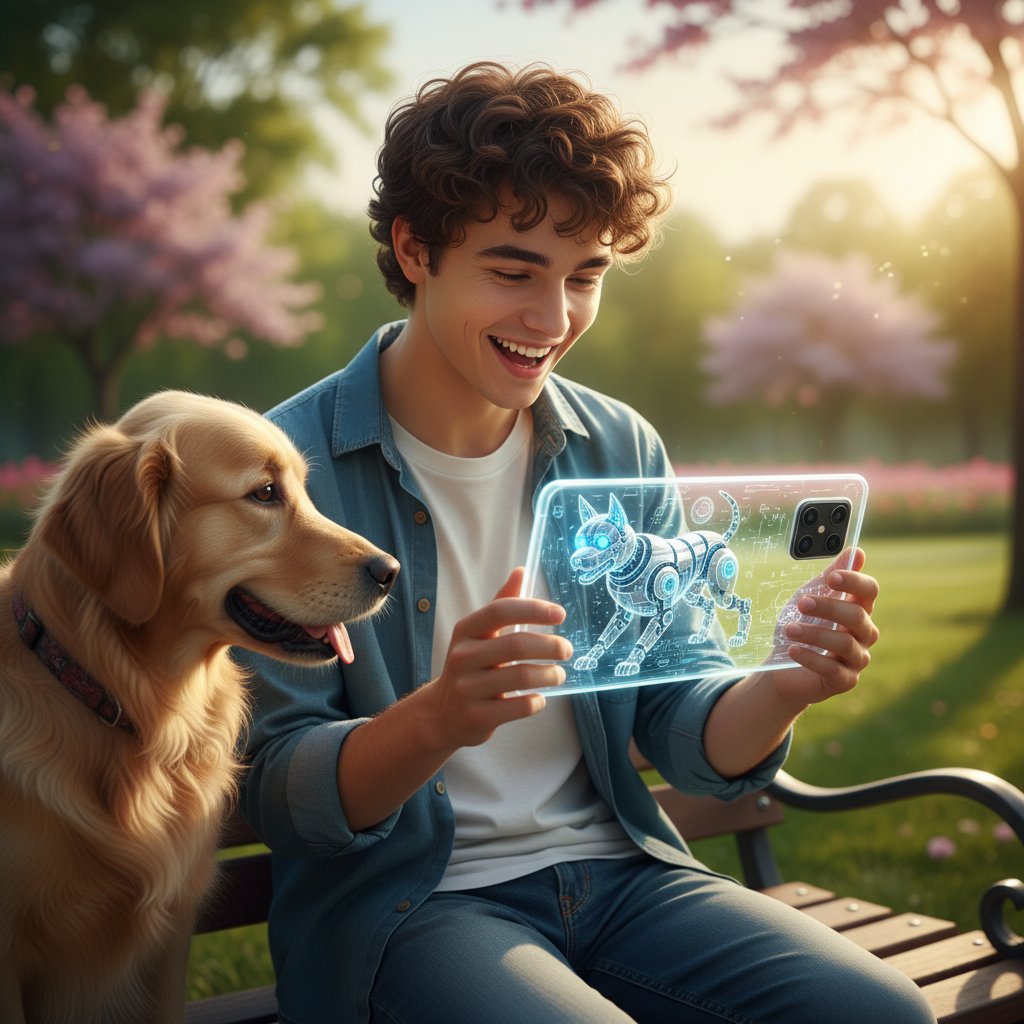 Młoda osoba ze smartfonem, uśmiechająca się do ekranu z pieskiem AI