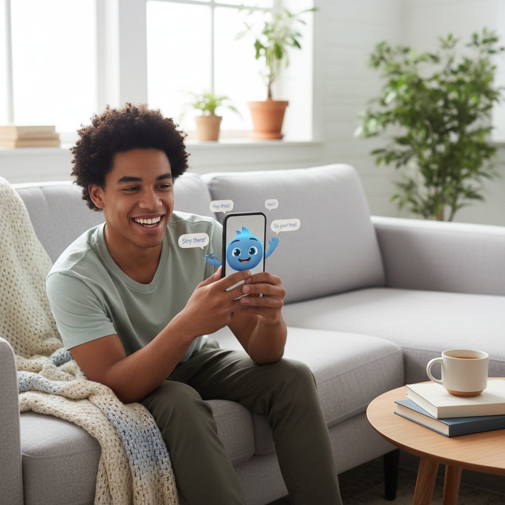 Junger Mensch mit Smartphone, entspannt und lächelnd, sitzt auf Sofa, Thema positive Kommunikation mit digitaler Freundin