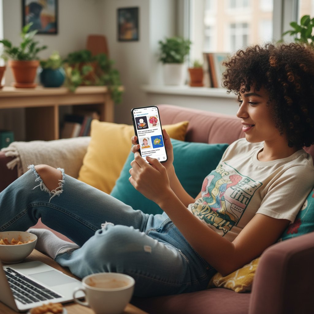 Młoda osoba przeglądająca social media na smartfonie, memy o DBT, kontrast między realnym wsparciem a internetowymi uproszczeniami