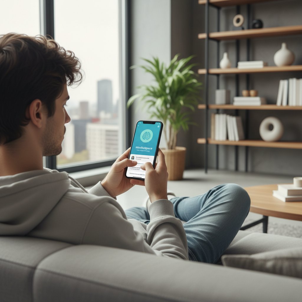 Młoda osoba korzystająca z aplikacji terapeutycznej na smartfonie — nowoczesne wsparcie psychoterapii