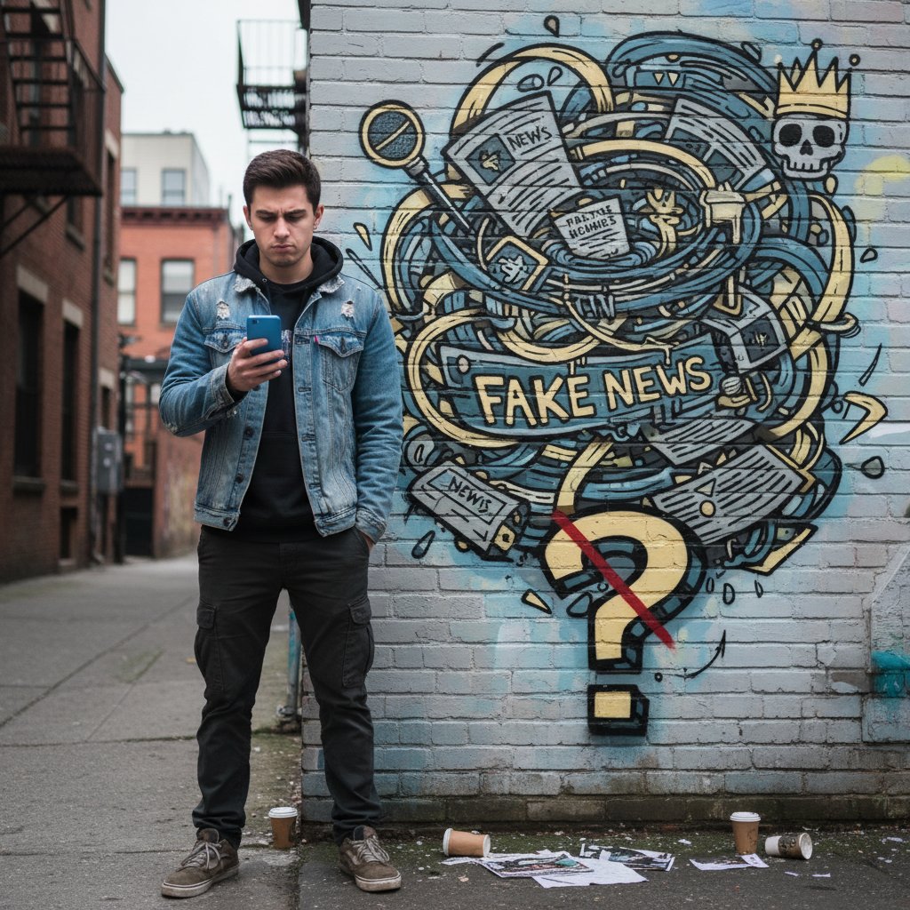 Młoda osoba przeglądająca internet na smartfonie z wyrazem sceptycyzmu, w tle mural z napisem „Fake News”